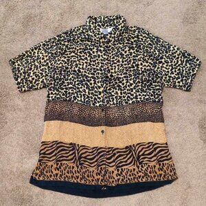 Fab-u-lous Brand Animal Print Blouse Sz 2X Button Down African Safari Summer